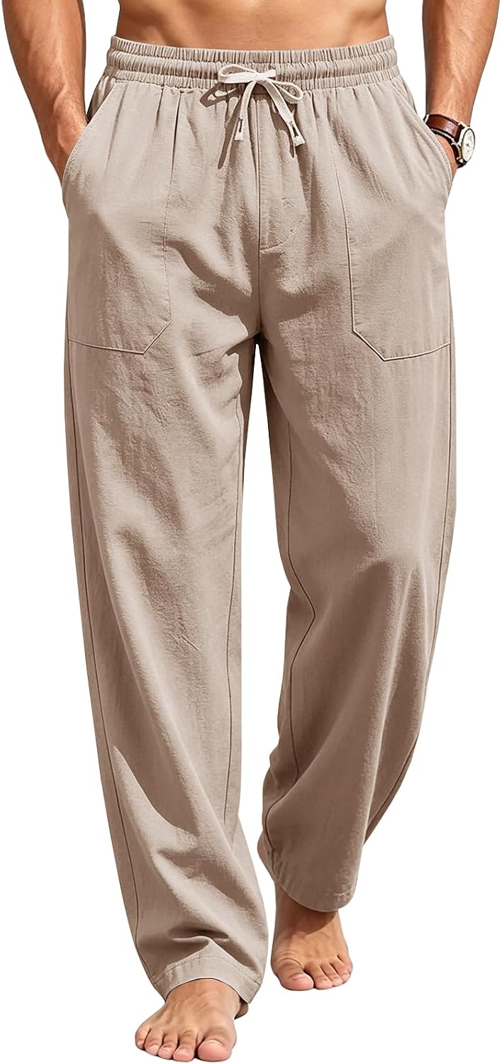 Men's Cotton Linen Pants Elastic Waist Drawstring Casual Trouser Lightweight Straight-Legs Loose Beach Yoga Pants