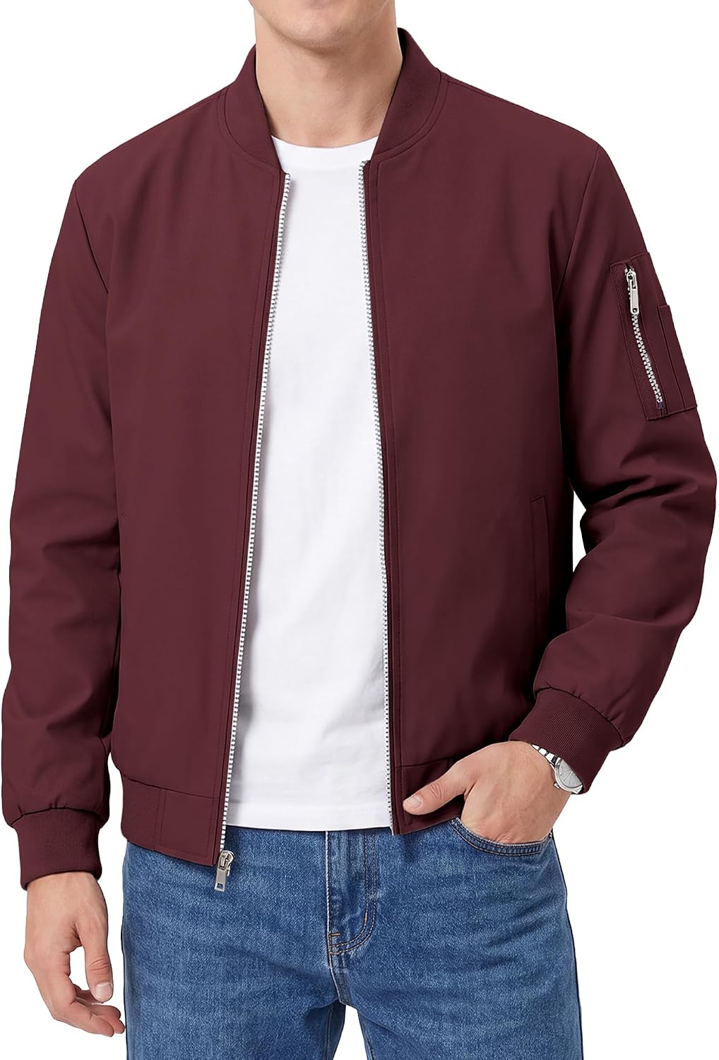 Men's Bomber Jacket Lightweight Casual Windbreaker Zip Up Coat with Pocket