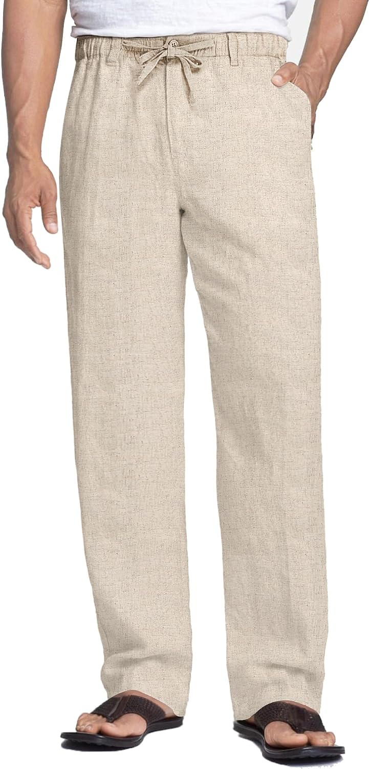 Men's Casual Linen Pants Elastic Waist Drawstring Cotton Trousers